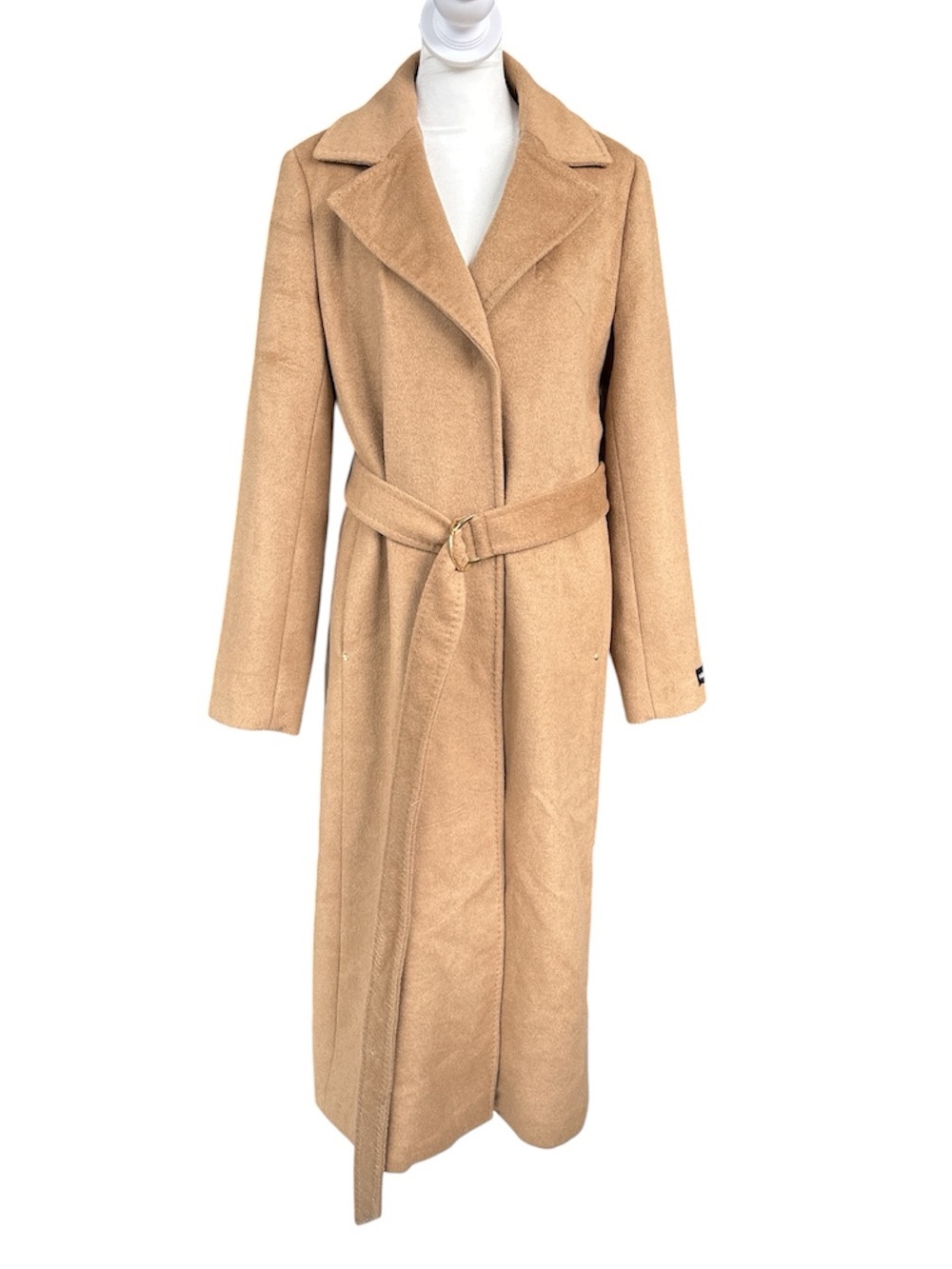 Halston Wool Blend Wrap Long Length Belted Coat Camel 8